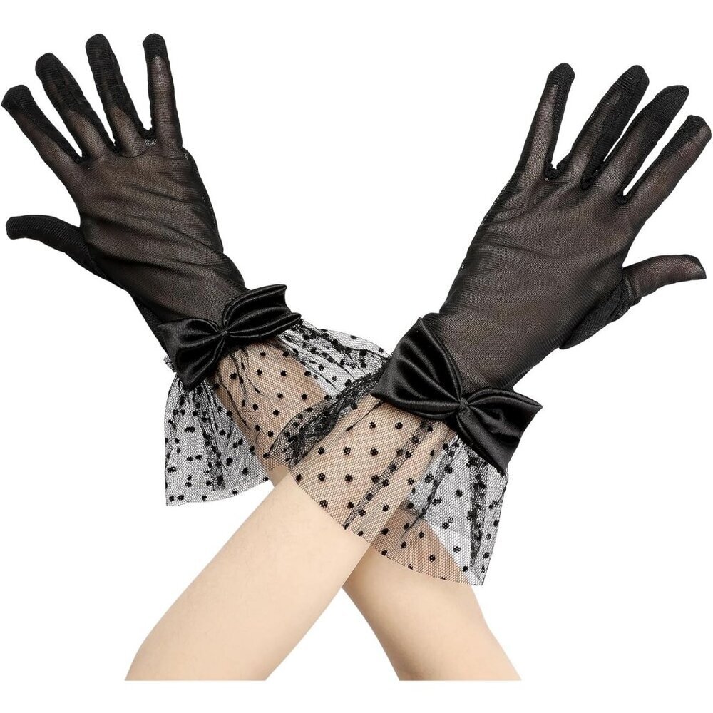 Women's Short Black Lace Bow  Polka Dots Gloves Mesh Wedding Tea Party Prom